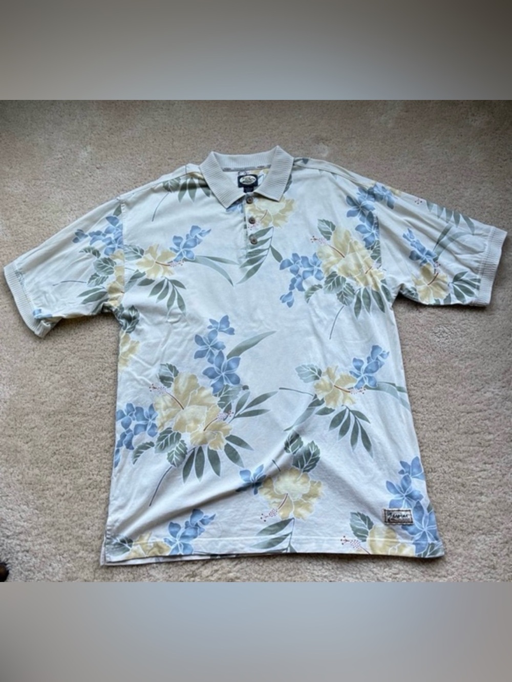 Vintage Tommy Bahama Yellow Hawaiian Print Polo Shirt - L - VGUC - 100% Cotton